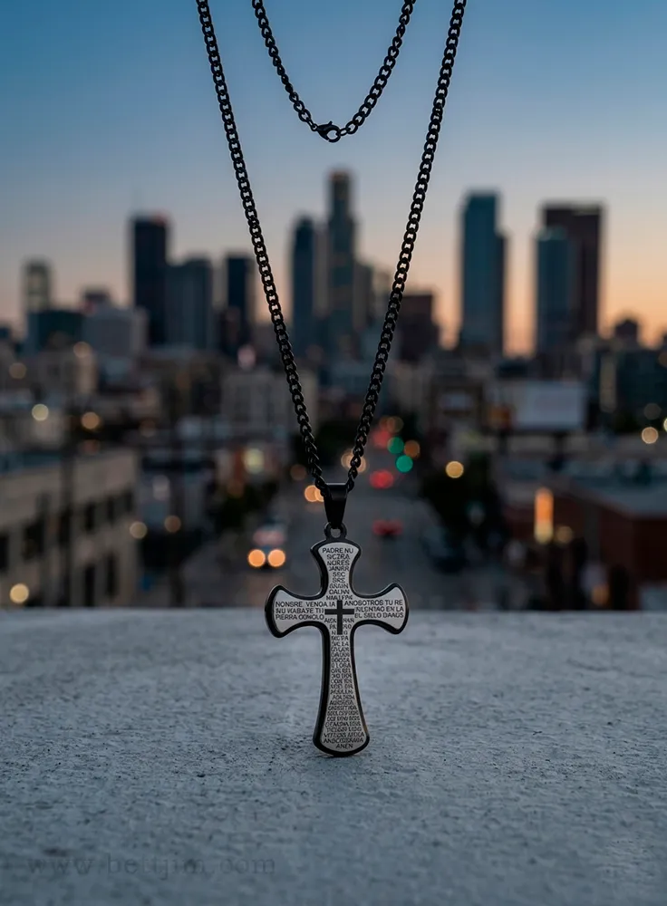 Collar Hombre Urban Cross - Grabado "Padre Nuestro" Acero Negro, index: 2